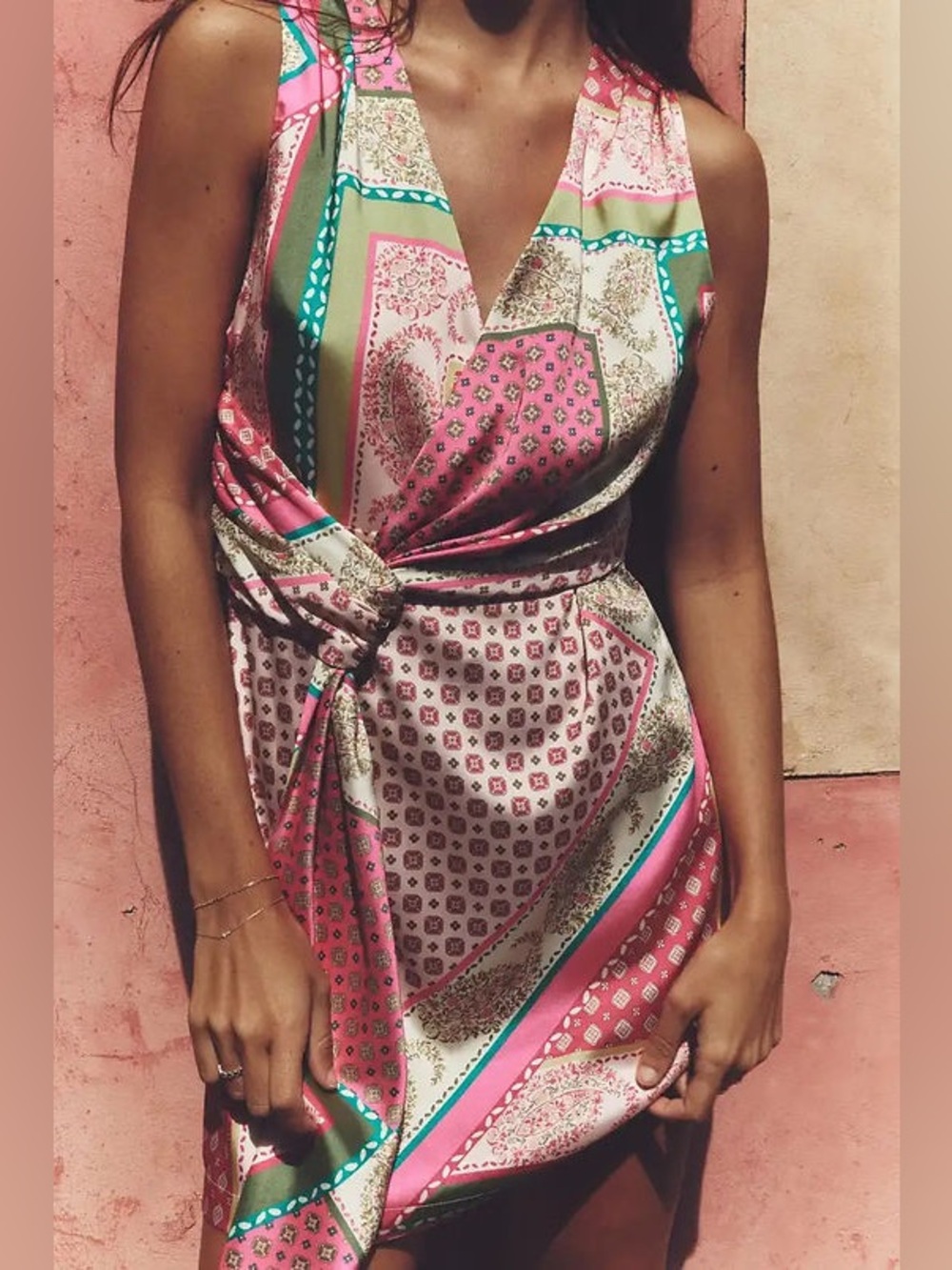 Zara Pink & Teal Patterned Wrap Mini Dress